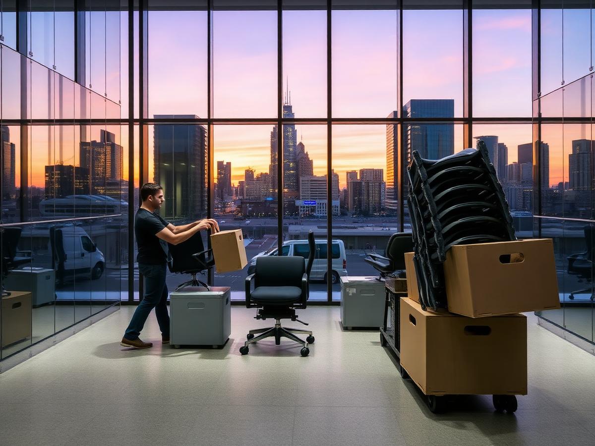 Removalists relocating office chairs and equipment in a modern Sydney office