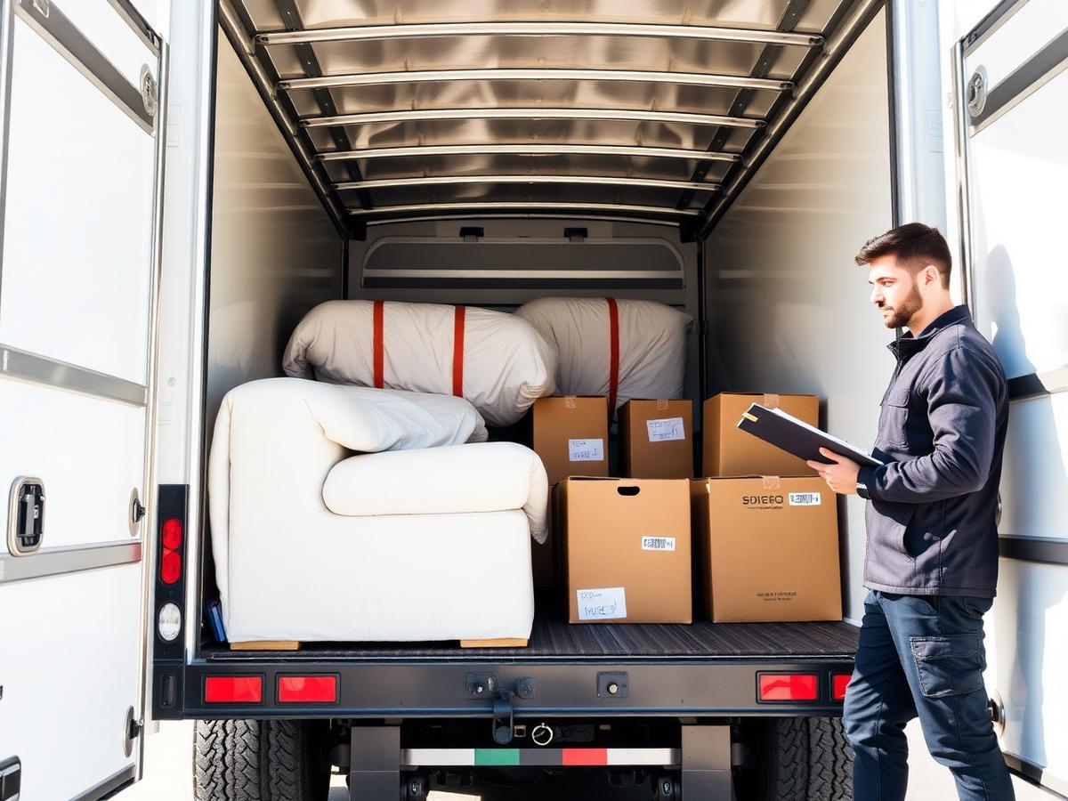 Furniture and labelled cartons loaded and strapped inside a removal truck